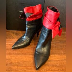 Saint Laurent YSL Black pointed Heeled Booties short boots with red bow EU36